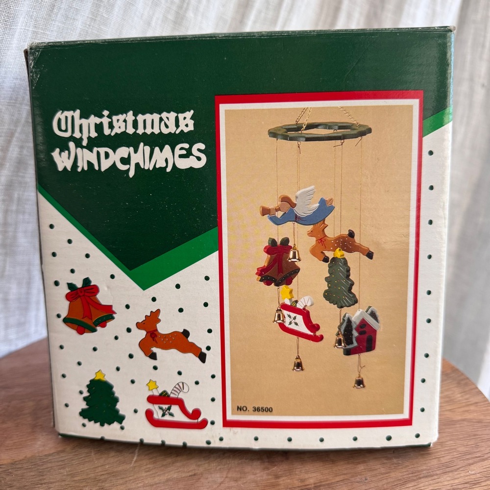 Vintage 80s Christmas Windchime Wooden Holiday Mobile Wreath Angel Tree In Box